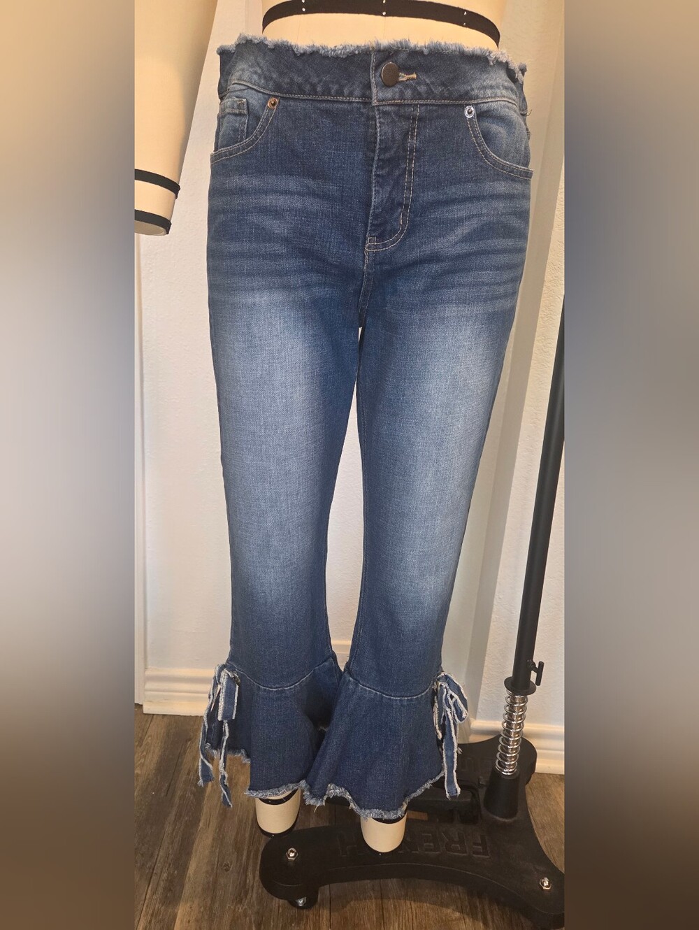 For The Republic, Frayed Hem Blue Women's Denim Jeans with Ruffle Flare